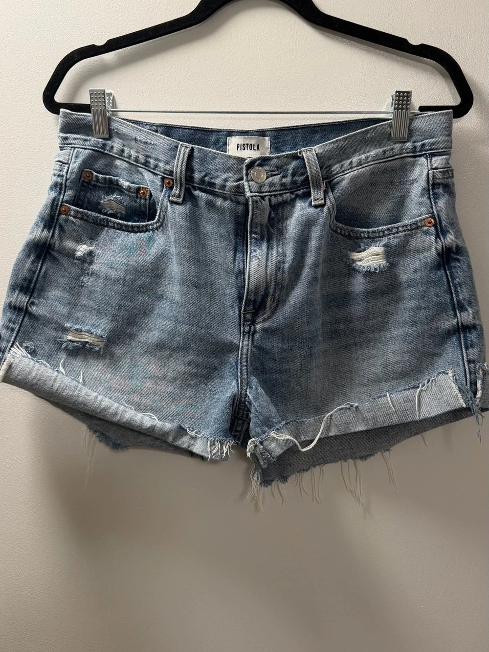 Pistola Light Blue Distressed Frayed Hem Denim Shorts